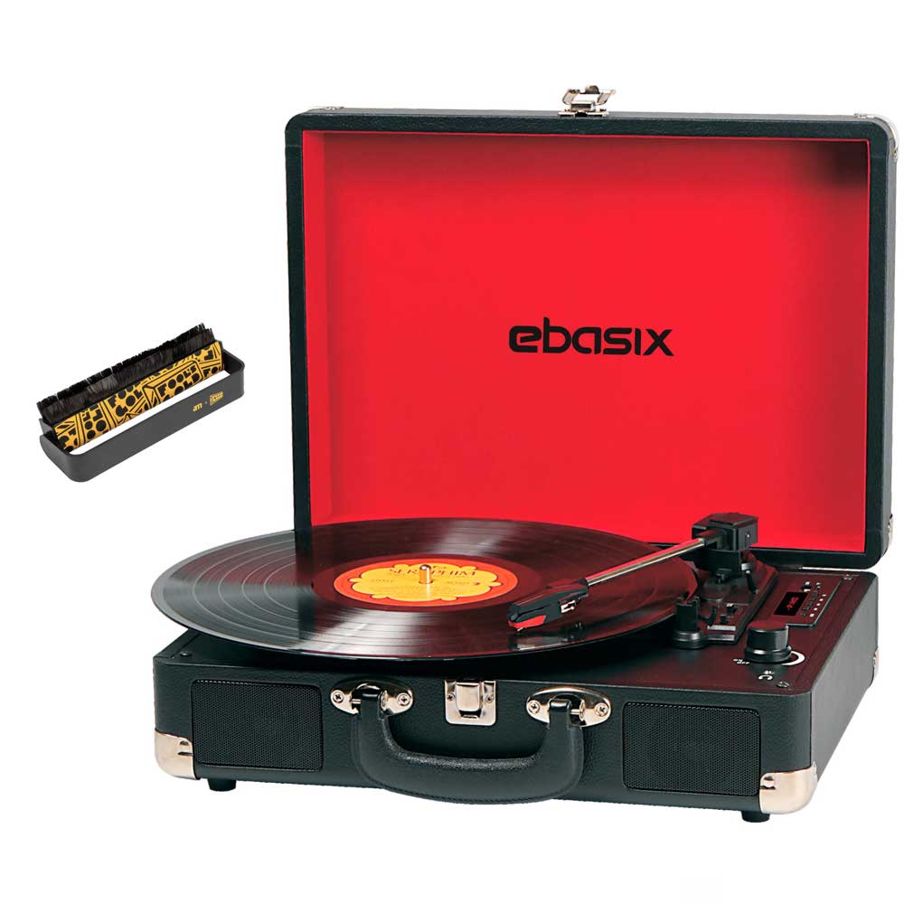 Maletín tocadiscos tipo vintage 6 en 1 + cepillo de limpieza de vinilos AM IDEA DE REGALO