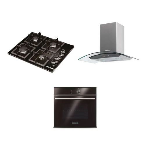 [40101] Combo Cocina A Gas Challenger 4 Quemadores Incluye Horno Hg2555 Y Campana Extractora Cx4800 Color Negro Con Gris